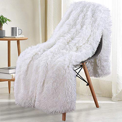 junovo Super Soft Shaggy Throw Blanket + Sherpa Fleece Blanket Snugly Plush Fuzzy Faux Fur Bed Blanket Couch Throws Decoration (White,50x60 inch)