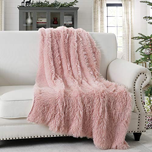 HORIMOTE HOME Faux Fur Pink Fluffy Throw Blanket- Luxury Shaggy Warm Fuzzy Fluffy Elegant Long Hair Washable Decoration Blanket for Sofa Couch and Bed, Pink 127x152cm