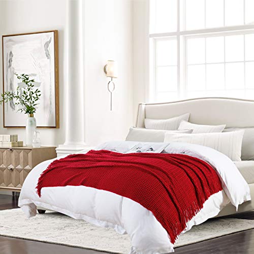 Super Soft Decorative Knit Throw Blanket for Sofa Couch Chair Bed, Lightweight Travel Blanket Nap Throw, Cashmere-like Soft and Cozy, Delicate Weave Pattern with Fring,Red,127x152cm