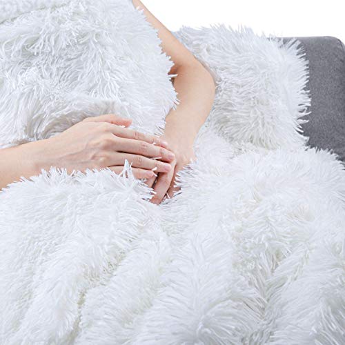 junovo Super Soft Shaggy Throw Blanket + Sherpa Fleece Blanket Snugly Plush Fuzzy Faux Fur Bed Blanket Couch Throws Decoration (White,50x60 inch)