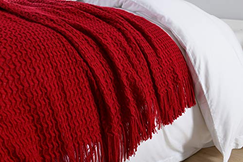Super Soft Decorative Knit Throw Blanket for Sofa Couch Chair Bed, Lightweight Travel Blanket Nap Throw, Cashmere-like Soft and Cozy, Delicate Weave Pattern with Fring,Red,127x152cm