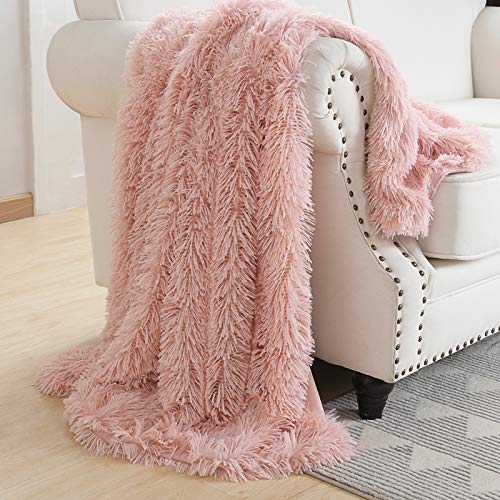 HORIMOTE HOME Faux Fur Pink Fluffy Throw Blanket- Luxury Shaggy Warm Fuzzy Fluffy Elegant Long Hair Washable Decoration Blanket for Sofa Couch and Bed, Pink 127x152cm