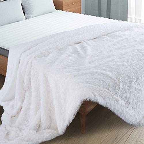 junovo Super Soft Shaggy Throw Blanket + Sherpa Fleece Blanket Snugly Plush Fuzzy Faux Fur Bed Blanket Couch Throws Decoration (White,50x60 inch)