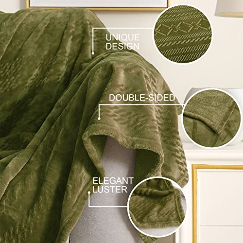 Exclusivo Mezcla Large Flannel Fleece Throw Blanket, 127x152 CM Sofa Throws, Soft Decorative Geometry Pattern Throws for Sofa, Olive Green Blanket