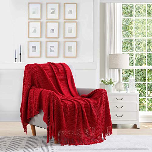 Super Soft Decorative Knit Throw Blanket for Sofa Couch Chair Bed, Lightweight Travel Blanket Nap Throw, Cashmere-like Soft and Cozy, Delicate Weave Pattern with Fring,Red,127x152cm