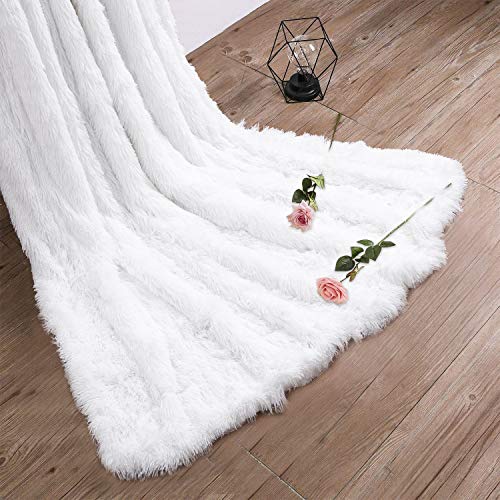 junovo Super Soft Shaggy Throw Blanket + Sherpa Fleece Blanket Snugly Plush Fuzzy Faux Fur Bed Blanket Couch Throws Decoration (White,50x60 inch)
