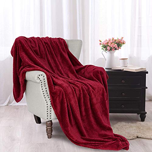 Exclusivo Mezcla Flannel Throw Blanket, 127x178 CM Soft Sofa Throws, Waffle Fleece Throws for Sofa, Burgundy Blanket