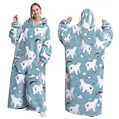 Oversized Blanket Hoodie Giant Hooded Blanket with Sleeves Front Pocketed Sweater Blanket Velvet Printed Sweatshirt Blanket One Size Soft Warm Wearable Blanket for Man Women Adults (Polar Bear)