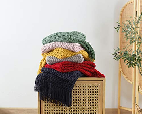 Super Soft Decorative Knit Throw Blanket for Sofa Couch Chair Bed, Lightweight Travel Blanket Nap Throw, Cashmere-like Soft and Cozy, Delicate Weave Pattern with Fring,Red,127x152cm