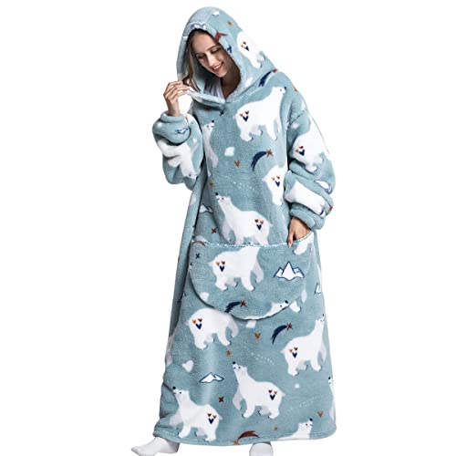 Oversized Blanket Hoodie Giant Hooded Blanket with Sleeves Front Pocketed Sweater Blanket Velvet Printed Sweatshirt Blanket One Size Soft Warm Wearable Blanket for Man Women Adults (Polar Bear)