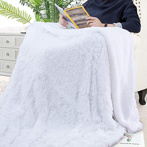 junovo Super Soft Shaggy Throw Blanket + Sherpa Fleece Blanket Snugly Plush Fuzzy Faux Fur Bed Blanket Couch Throws Decoration (White,50x60 inch)