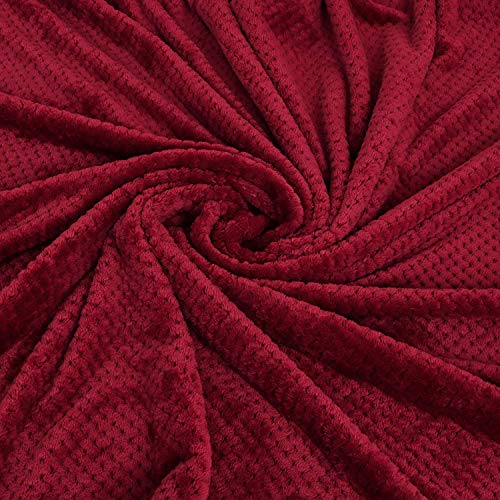 Exclusivo Mezcla Flannel Throw Blanket, 127x178 CM Soft Sofa Throws, Waffle Fleece Throws for Sofa, Burgundy Blanket