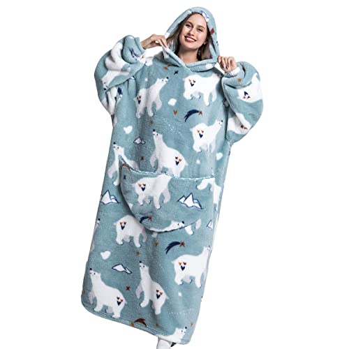 Oversized Blanket Hoodie Giant Hooded Blanket with Sleeves Front Pocketed Sweater Blanket Velvet Printed Sweatshirt Blanket One Size Soft Warm Wearable Blanket for Man Women Adults (Polar Bear)