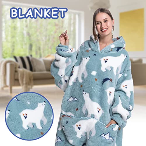 Oversized Blanket Hoodie Giant Hooded Blanket with Sleeves Front Pocketed Sweater Blanket Velvet Printed Sweatshirt Blanket One Size Soft Warm Wearable Blanket for Man Women Adults (Polar Bear)