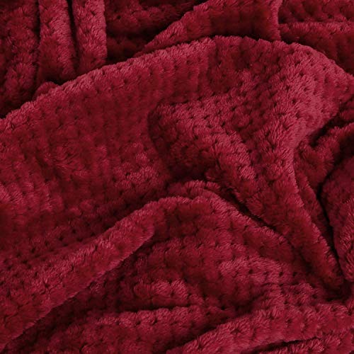 Exclusivo Mezcla Flannel Throw Blanket, 127x178 CM Soft Sofa Throws, Waffle Fleece Throws for Sofa, Burgundy Blanket