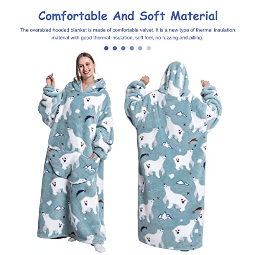 Oversized Blanket Hoodie Giant Hooded Blanket with Sleeves Front Pocketed Sweater Blanket Velvet Printed Sweatshirt Blanket One Size Soft Warm Wearable Blanket for Man Women Adults (Polar Bear)