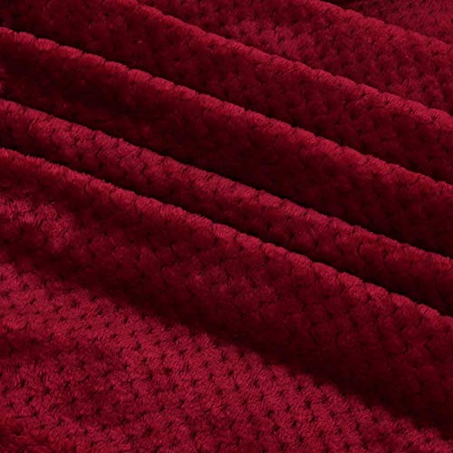 Exclusivo Mezcla Flannel Throw Blanket, 127x178 CM Soft Sofa Throws, Waffle Fleece Throws for Sofa, Burgundy Blanket