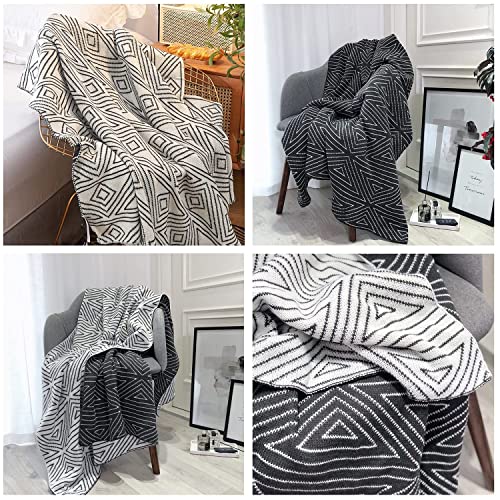 Queenshin Black and White Geometric Fluffy Knit Throw,Christmas 390 GMS Lightweight Cozy Fluffy Bed Sofa Knitted Blanket 130 * 180 CM