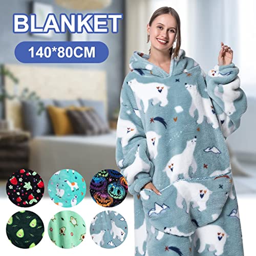 Oversized Blanket Hoodie Giant Hooded Blanket with Sleeves Front Pocketed Sweater Blanket Velvet Printed Sweatshirt Blanket One Size Soft Warm Wearable Blanket for Man Women Adults (Polar Bear)