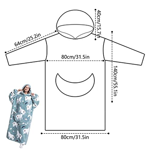 Oversized Blanket Hoodie Giant Hooded Blanket with Sleeves Front Pocketed Sweater Blanket Velvet Printed Sweatshirt Blanket One Size Soft Warm Wearable Blanket for Man Women Adults (Polar Bear)