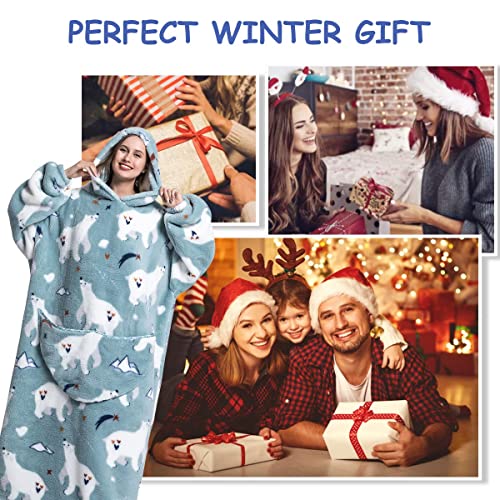 Oversized Blanket Hoodie Giant Hooded Blanket with Sleeves Front Pocketed Sweater Blanket Velvet Printed Sweatshirt Blanket One Size Soft Warm Wearable Blanket for Man Women Adults (Polar Bear)