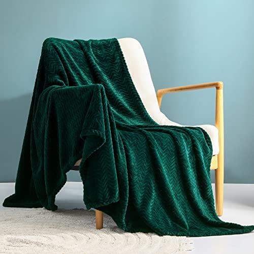 Exclusivo Mezcla Large Flannel Fleece Throw Blanket, 127x178 CM Sofa Throws, Soft Jacquard Weave Wave Pattern Throws for Sofa, Forest Green Blanket
