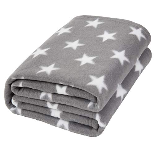 Dreamscene Flannel Fleece Stars Throw Over Bed Warm Soft Blanket Plush for Baby Kids Sofa, 100% Polyester Plush Microfiber Fleece, Silver Grey, 120 x 150cm
