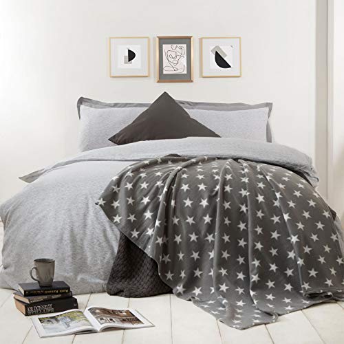 Dreamscene Flannel Fleece Stars Throw Over Bed Warm Soft Blanket Plush for Baby Kids Sofa, 100% Polyester Plush Microfiber Fleece, Silver Grey, 120 x 150cm