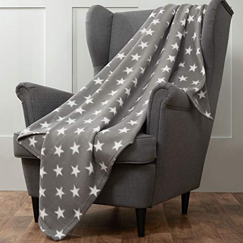 Dreamscene Flannel Fleece Stars Throw Over Bed Warm Soft Blanket Plush for Baby Kids Sofa, 100% Polyester Plush Microfiber Fleece, Silver Grey, 120 x 150cm