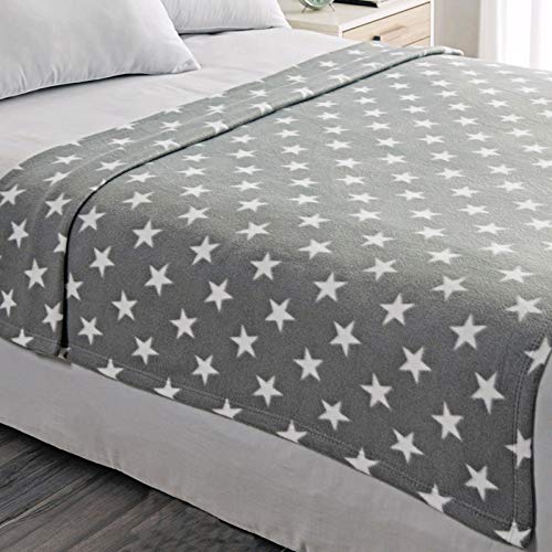 Dreamscene Flannel Fleece Stars Throw Over Bed Warm Soft Blanket Plush for Baby Kids Sofa, 100% Polyester Plush Microfiber Fleece, Silver Grey, 120 x 150cm