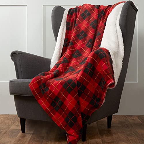 Dreamscene Tartan Check Sherpa Fleece Blanket Large Plush Flannel Throw Over Reversible Fluffy Soft Microfiber, Red White - Double 150 x 180 cm