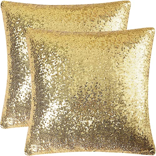 PiccoCasa Pack of 2 Sequin Glitzy Cushion Covers, Shiny Satin Solid Pillow Covers 45x45cm/18x18 in for Christmas Wedding Party Decoration - Gold Throw Cushion Covers with Zipper