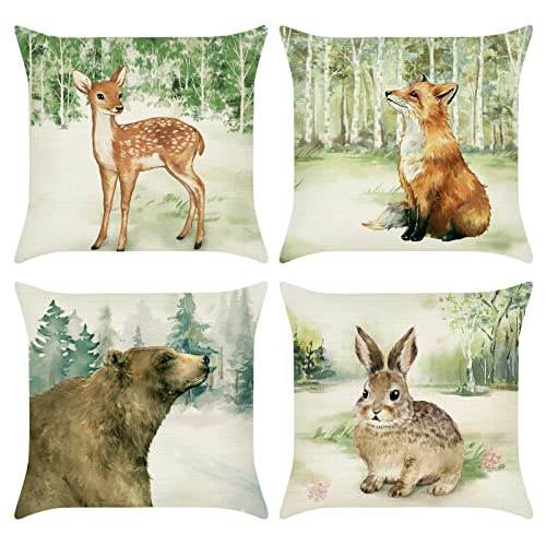 Bonhause Forest Animals Cushion Covers 45 x 45 cm Deer Fox Rabbit Bear Decorative Throw Pillow Covers Polyester Linen Pillowcases for Couch Kids Baby Nursery Room Decor Set of 4
