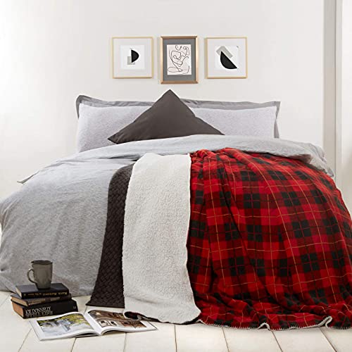 Dreamscene Tartan Check Sherpa Fleece Blanket Large Plush Flannel Throw Over Reversible Fluffy Soft Microfiber, Red White - Double 150 x 180 cm