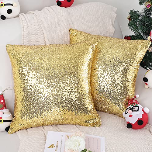 PiccoCasa Pack of 2 Sequin Glitzy Cushion Covers, Shiny Satin Solid Pillow Covers 45x45cm/18x18 in for Christmas Wedding Party Decoration - Gold Throw Cushion Covers with Zipper