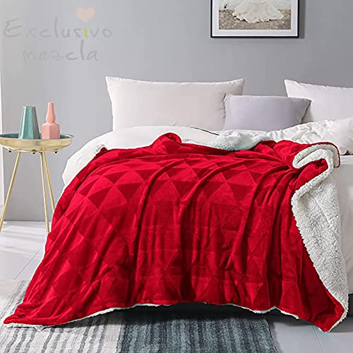 Exclusivo Mezcla 127x178CM Large Throw Blanket, Reversible Brushed Flannel Fleece& Plush Sherpa Blanket(Red)- Decorative, Lightweight, Soft and Warm
