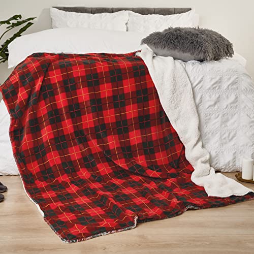 Dreamscene Tartan Check Sherpa Fleece Blanket Large Plush Flannel Throw Over Reversible Fluffy Soft Microfiber, Red White - Double 150 x 180 cm