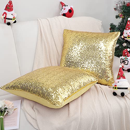 PiccoCasa Pack of 2 Sequin Glitzy Cushion Covers, Shiny Satin Solid Pillow Covers 45x45cm/18x18 in for Christmas Wedding Party Decoration - Gold Throw Cushion Covers with Zipper