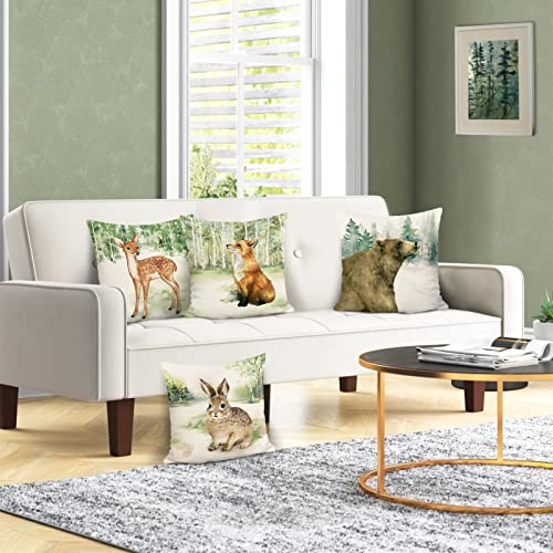 Bonhause Forest Animals Cushion Covers 45 x 45 cm Deer Fox Rabbit Bear Decorative Throw Pillow Covers Polyester Linen Pillowcases for Couch Kids Baby Nursery Room Decor Set of 4