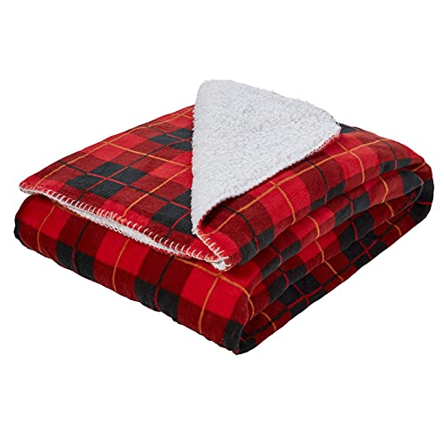 Dreamscene Tartan Check Sherpa Fleece Blanket Large Plush Flannel Throw Over Reversible Fluffy Soft Microfiber, Red White - Double 150 x 180 cm