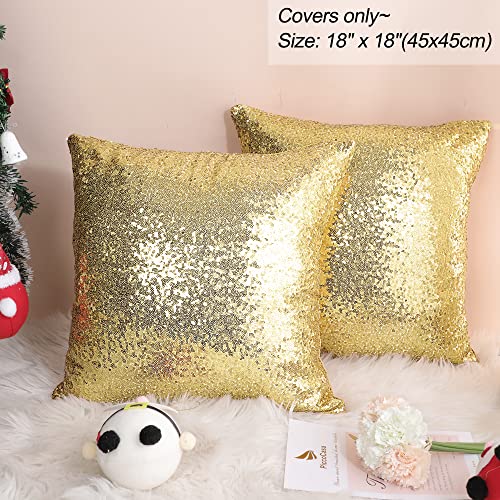 PiccoCasa Pack of 2 Sequin Glitzy Cushion Covers, Shiny Satin Solid Pillow Covers 45x45cm/18x18 in for Christmas Wedding Party Decoration - Gold Throw Cushion Covers with Zipper