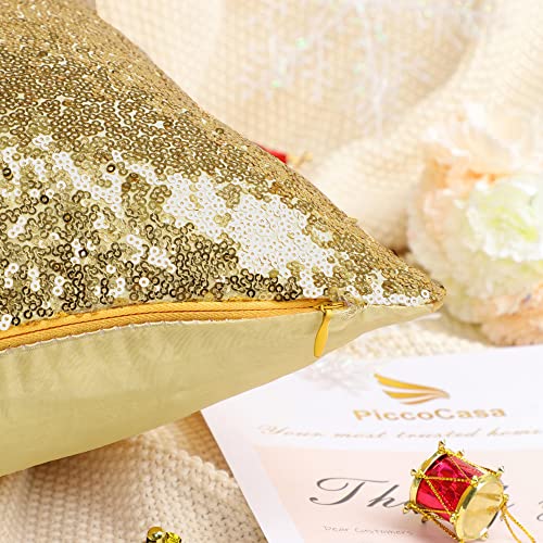 PiccoCasa Pack of 2 Sequin Glitzy Cushion Covers, Shiny Satin Solid Pillow Covers 45x45cm/18x18 in for Christmas Wedding Party Decoration - Gold Throw Cushion Covers with Zipper