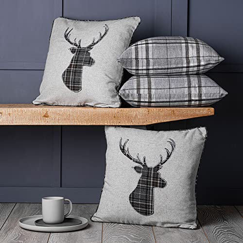 Red Rainbow Set of 4 Tartan Stag & Tartan Check Grey Collection 18 inch / 45cm Cushion Covers