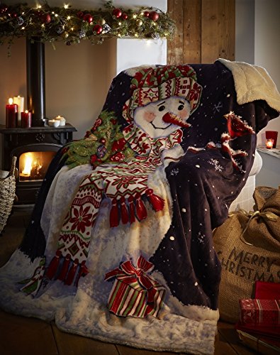 Happy Snowman Christmas Sherpa Throw, Blue, 130x170cm