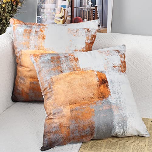 OYIMUA Set of 2 Decorative Velvet Cushion Covers 40 x 40 cm Abstract Art Decor Pillow Case Orange White Cushion Cover 16x16 inches for Outdoor Patio Garden Blench Living Room Sofa Farmhouse Decor