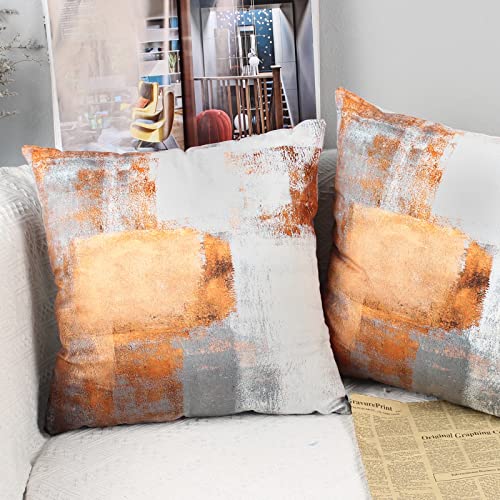 OYIMUA Set of 2 Decorative Velvet Cushion Covers 40 x 40 cm Abstract Art Decor Pillow Case Orange White Cushion Cover 16x16 inches for Outdoor Patio Garden Blench Living Room Sofa Farmhouse Decor
