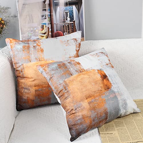OYIMUA Set of 2 Decorative Velvet Cushion Covers 40 x 40 cm Abstract Art Decor Pillow Case Orange White Cushion Cover 16x16 inches for Outdoor Patio Garden Blench Living Room Sofa Farmhouse Decor