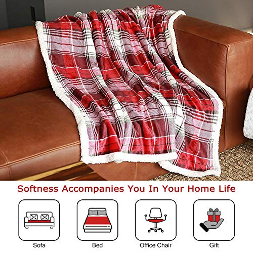 Catalonia Classy Tartan Sherpa Throw Blanket, Reversible Cozy Fleece Blanket, Warm Super Soft Comfort Caring Gift for Children and Adult, 150 x 130 cm (Red Plaid 1)