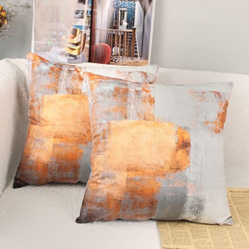 OYIMUA Set of 2 Decorative Velvet Cushion Covers 40 x 40 cm Abstract Art Decor Pillow Case Orange White Cushion Cover 16x16 inches for Outdoor Patio Garden Blench Living Room Sofa Farmhouse Decor