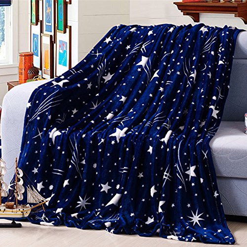 ZHH Stars Throw Silk Touch Warm Flannel Fleece Blankets Navy Blue Throws for Sofa, Bedroom, Couch, Travel, Kids Bedroom Accessories Fluffy Microfiber Fleece Blankets - Soft, Lightweight, 150 x 200cm